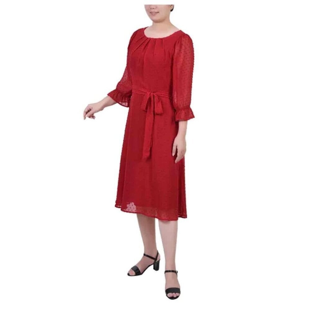 NY Collection Female Jester Red Belted Swiss Dot Petite Dress Size P/S US